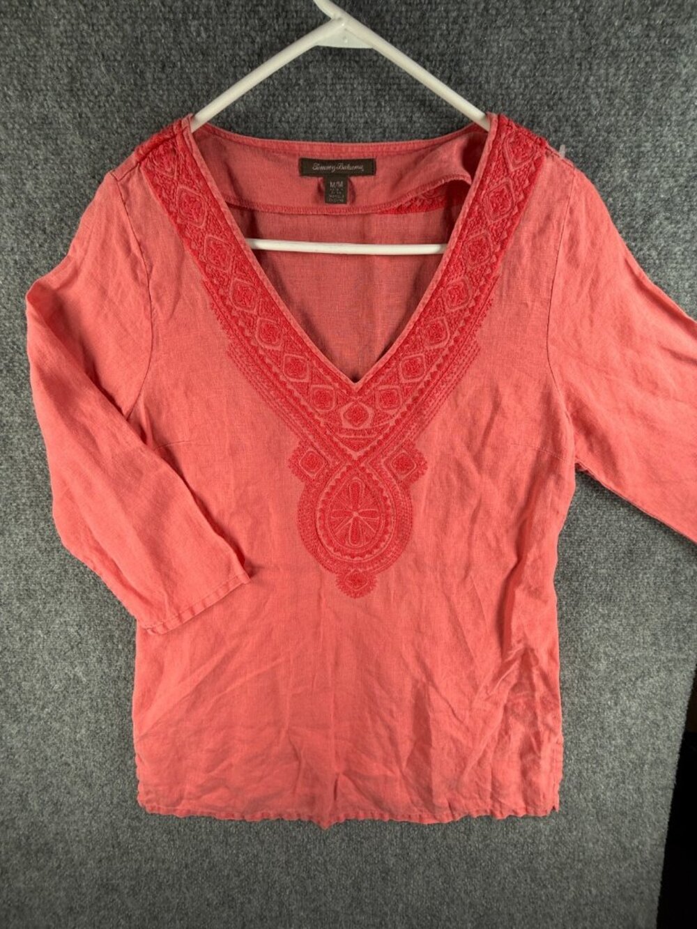 Tommy Bahama Linen 3/4 Sleeve Pink Women Pullover Medium Top Embroidered Long